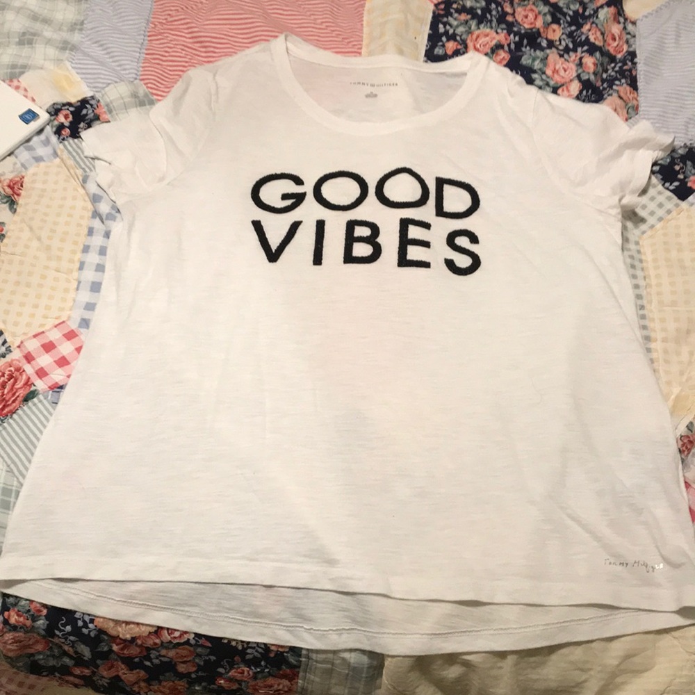 tommy h white good vibes women’s tee shirt